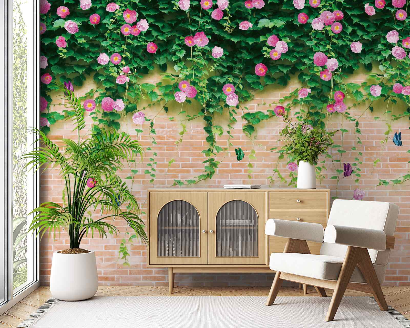 Фотошпалери ніжно-рожеві троянди на цегляній стіні