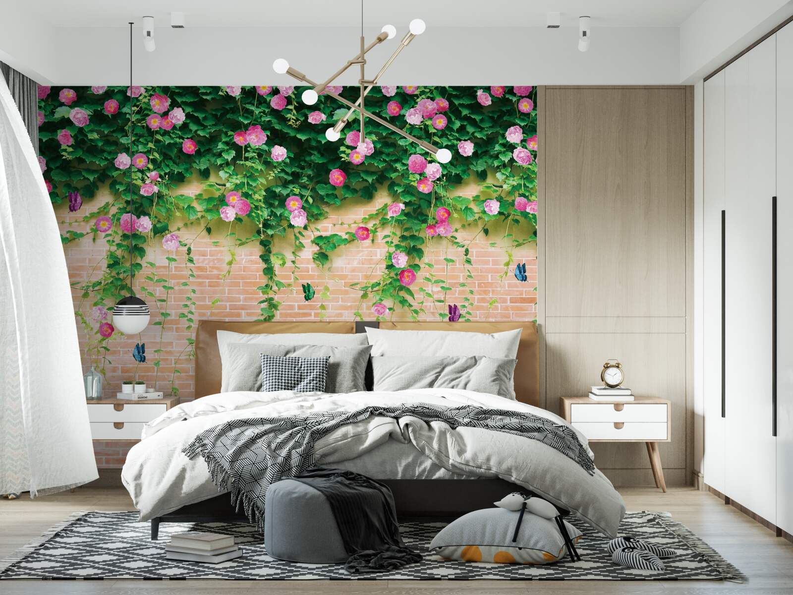 Фотошпалери ніжно-рожеві троянди на цегляній стіні