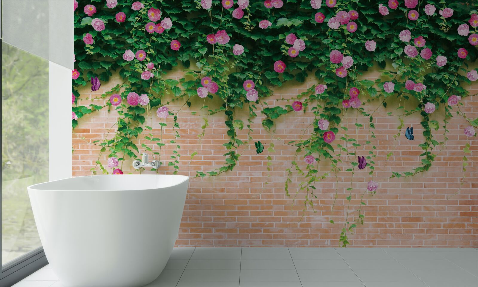 Фотошпалери ніжно-рожеві троянди на цегляній стіні