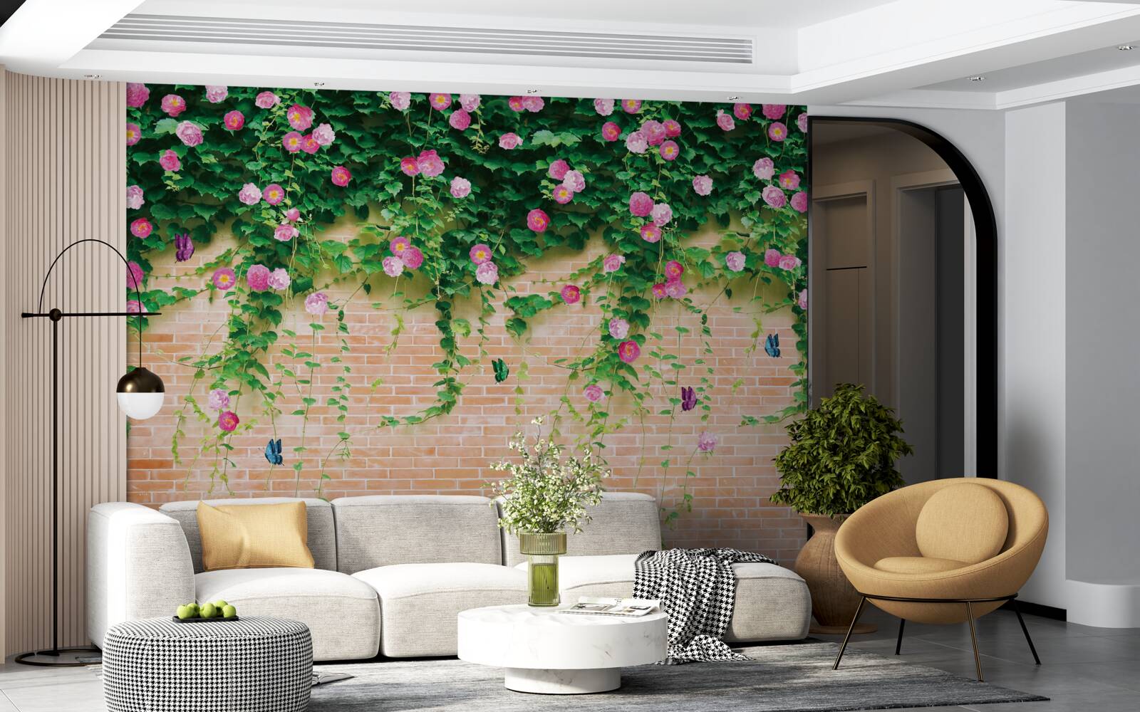 Фотошпалери ніжно-рожеві троянди на цегляній стіні