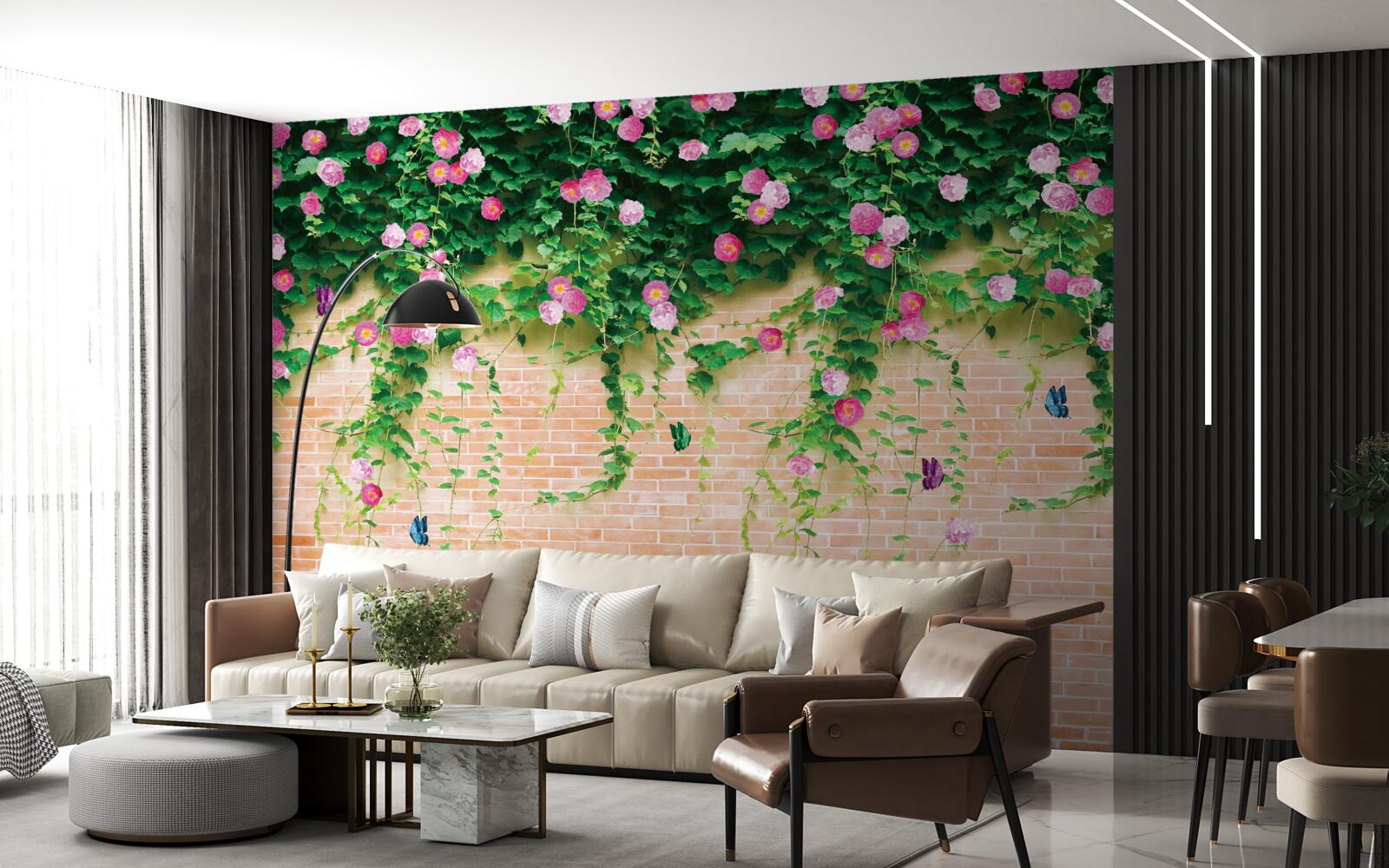 Фотошпалери ніжно-рожеві троянди на цегляній стіні