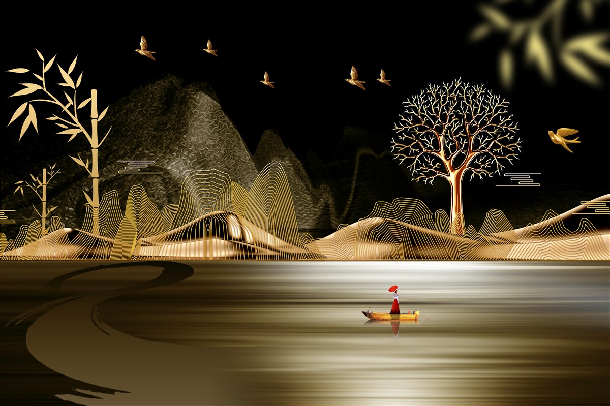 Фотошпалери рибалка стоїть на березі біля золотого лісу