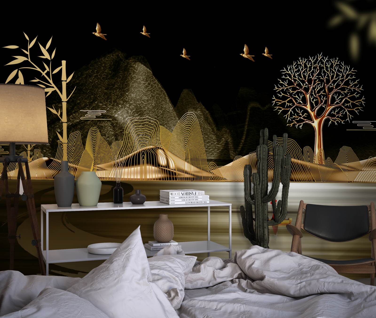 Фотошпалери рибалка стоїть на березі біля золотого лісу