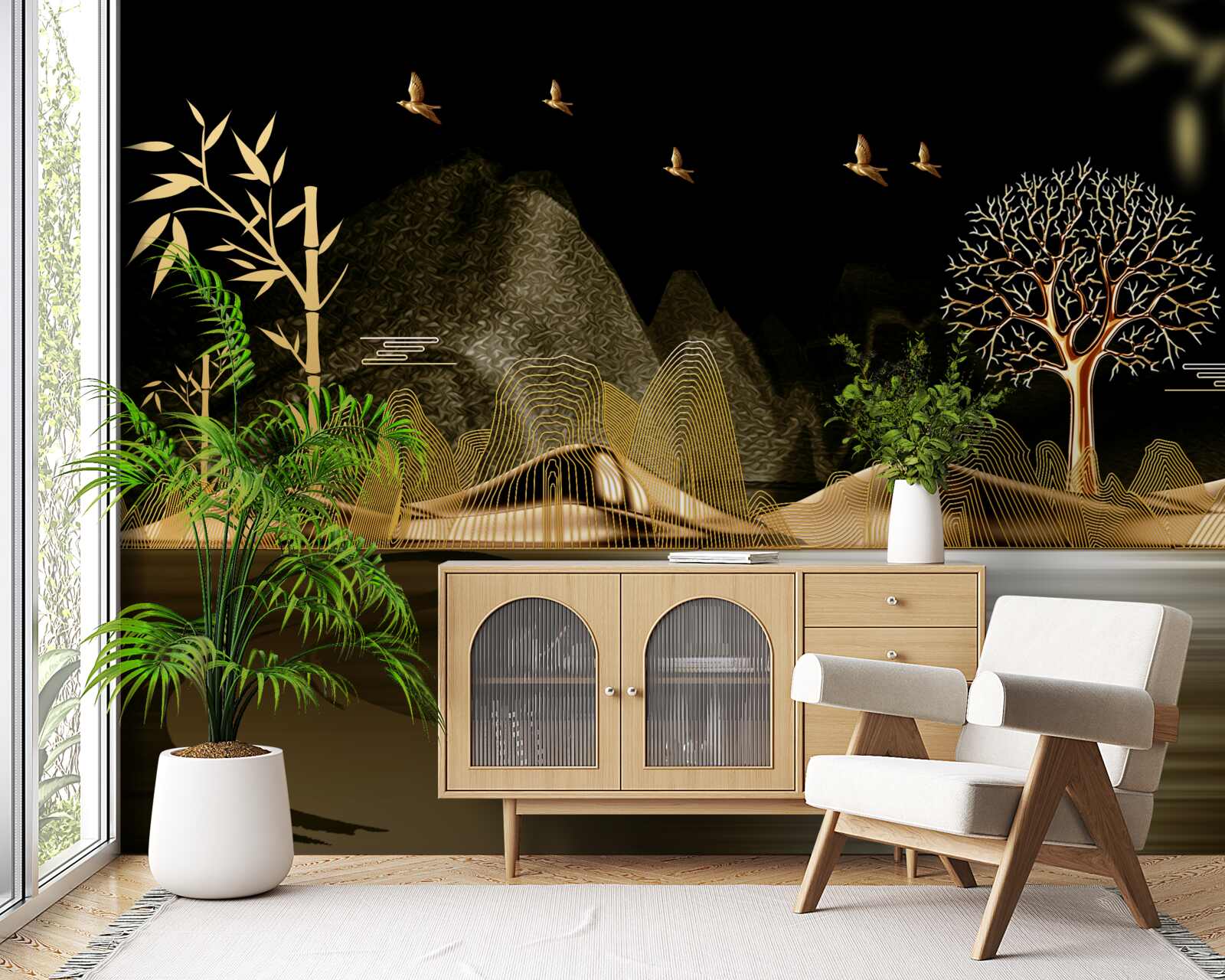 Фотошпалери рибалка стоїть на березі біля золотого лісу