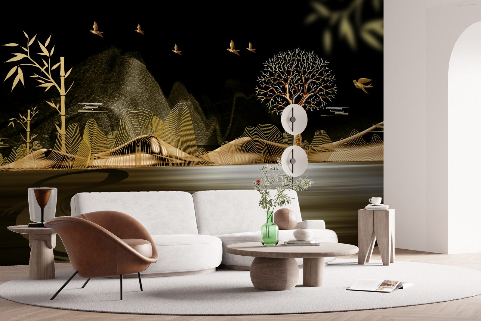 Фотошпалери рибалка стоїть на березі біля золотого лісу