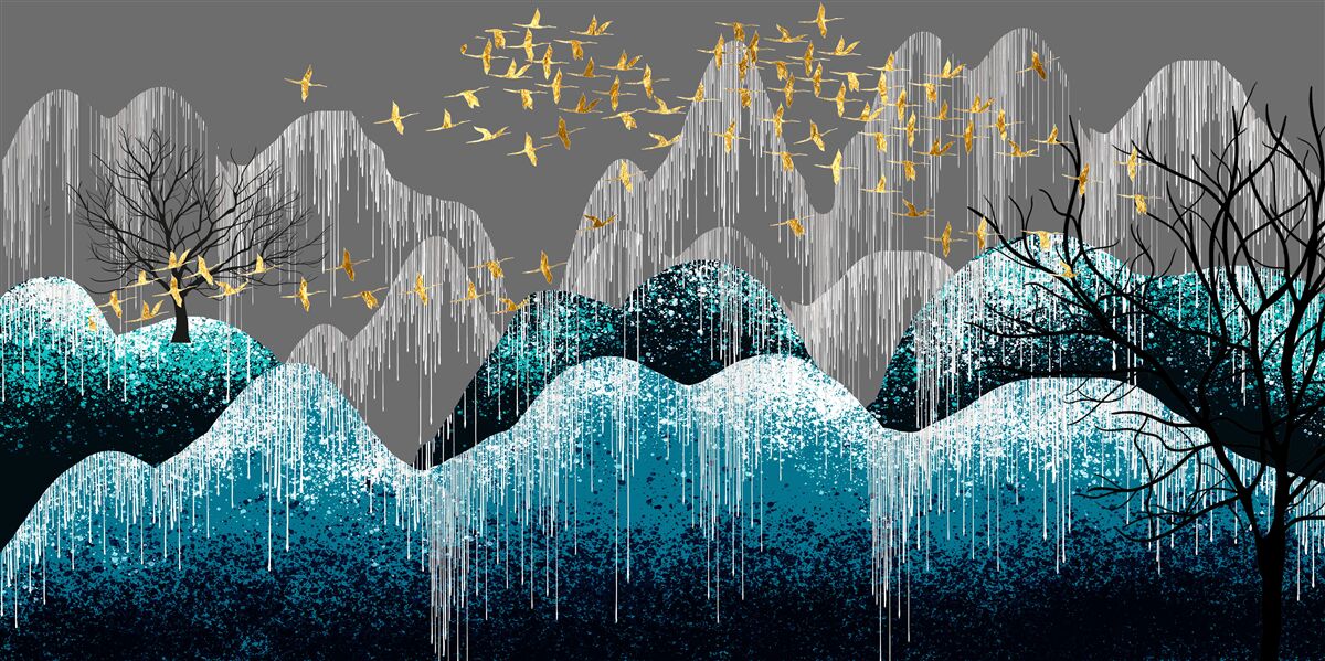 Фотошпалери нічний ліс і птахи, що літають у золотій парчі