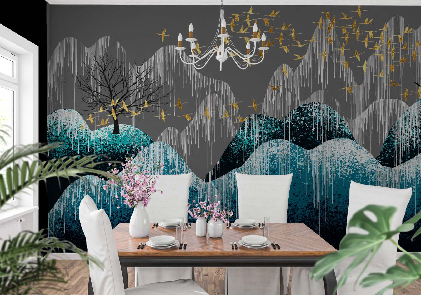 Фотошпалери нічний ліс і птахи, що літають у золотій парчі