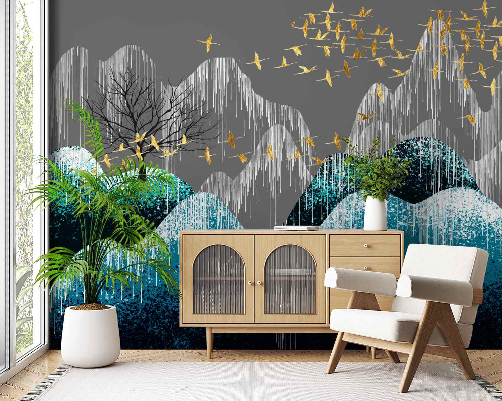 Фотошпалери нічний ліс і птахи, що літають у золотій парчі