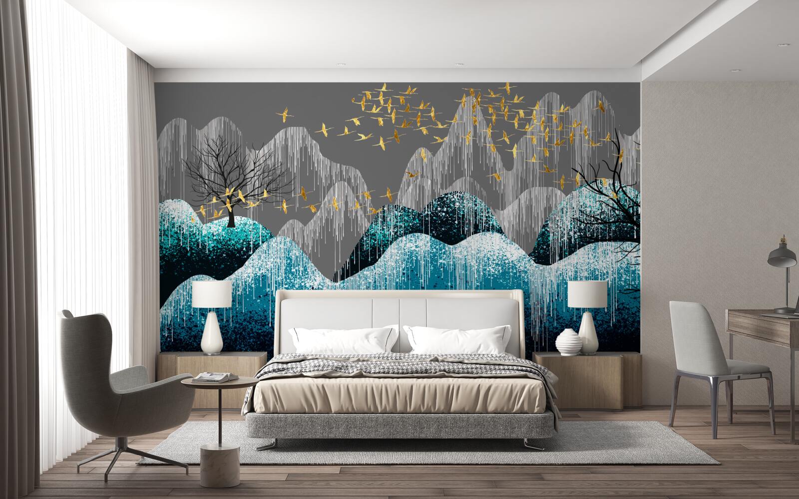 Фотошпалери нічний ліс і птахи, що літають у золотій парчі