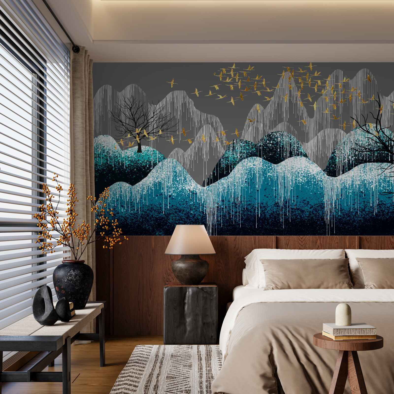 Фотошпалери нічний ліс і птахи, що літають у золотій парчі