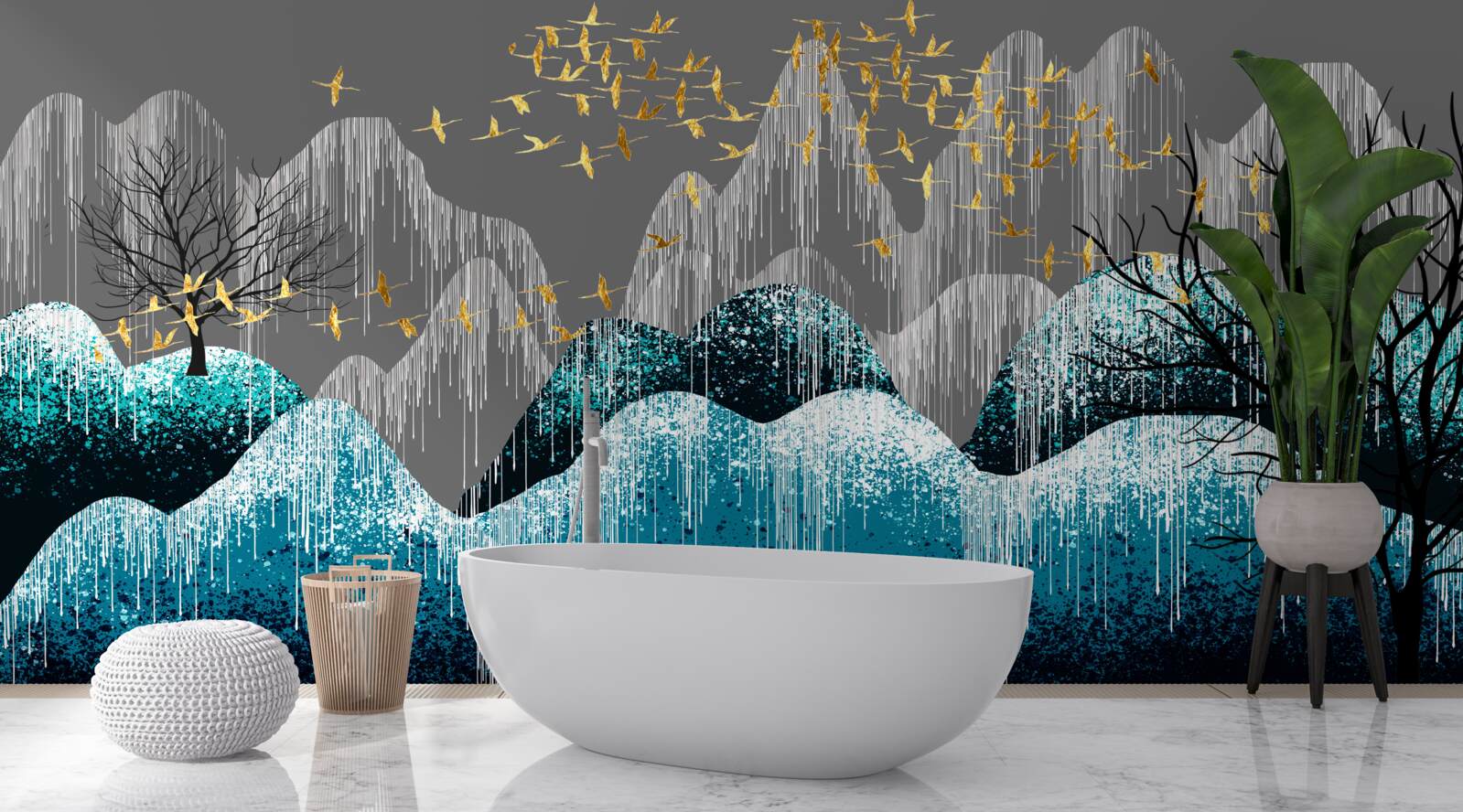 Фотошпалери нічний ліс і птахи, що літають у золотій парчі