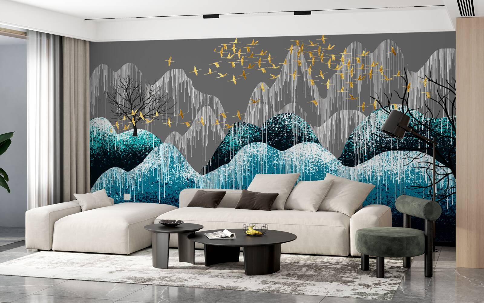 Фотошпалери нічний ліс і птахи, що літають у золотій парчі