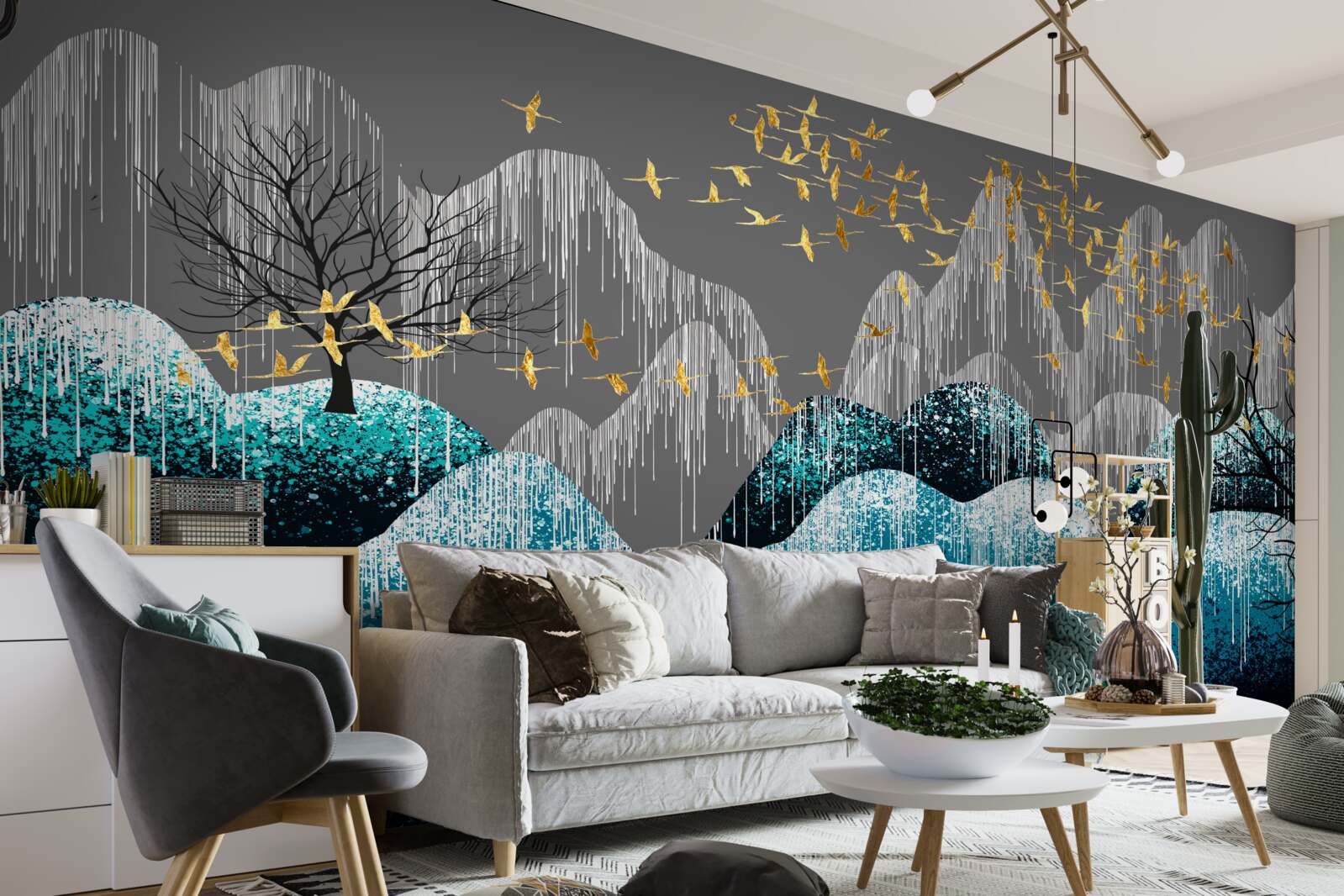 Фотошпалери нічний ліс і птахи, що літають у золотій парчі