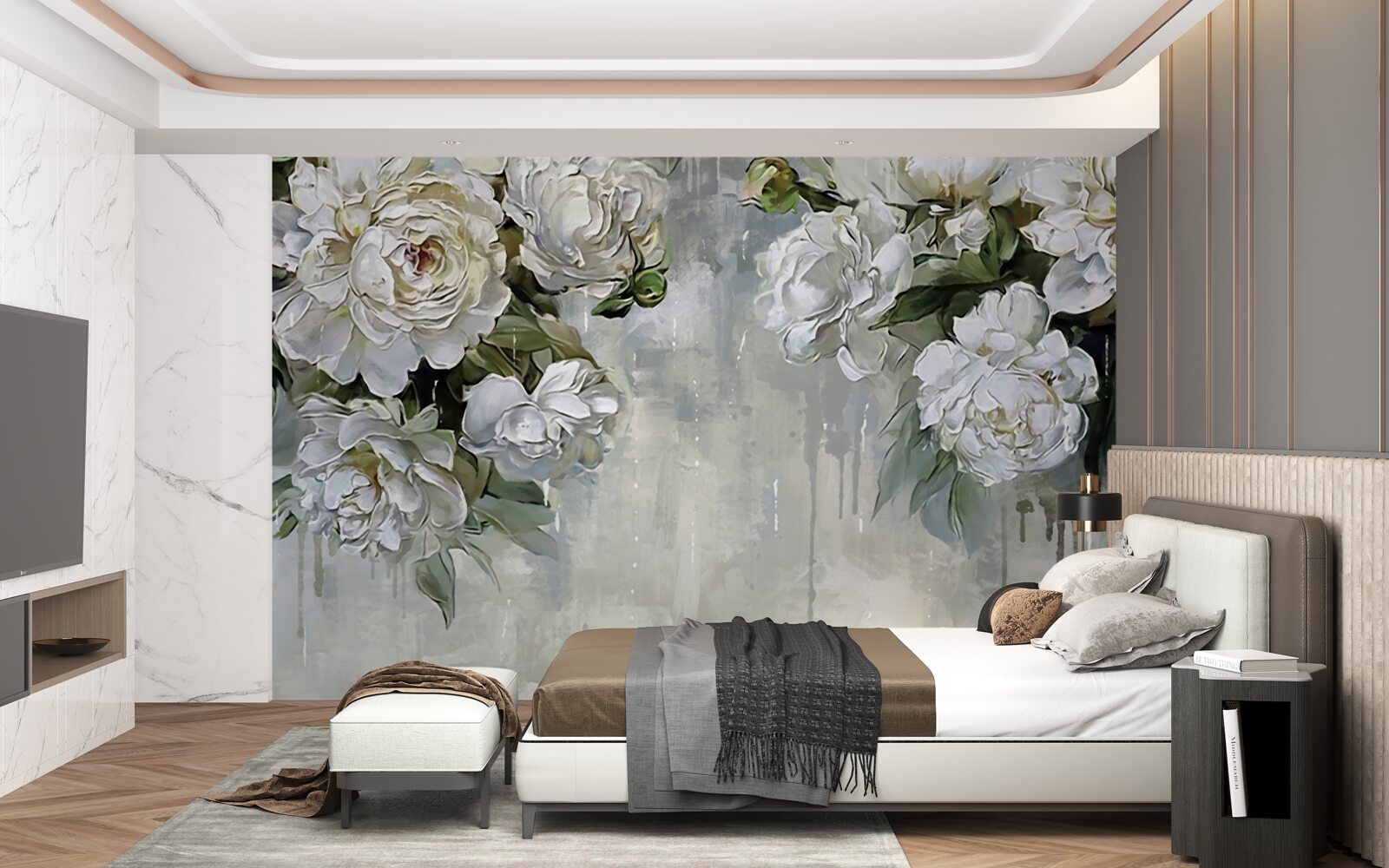 Фотошпалери на бетонній стіні - великі білі квіти