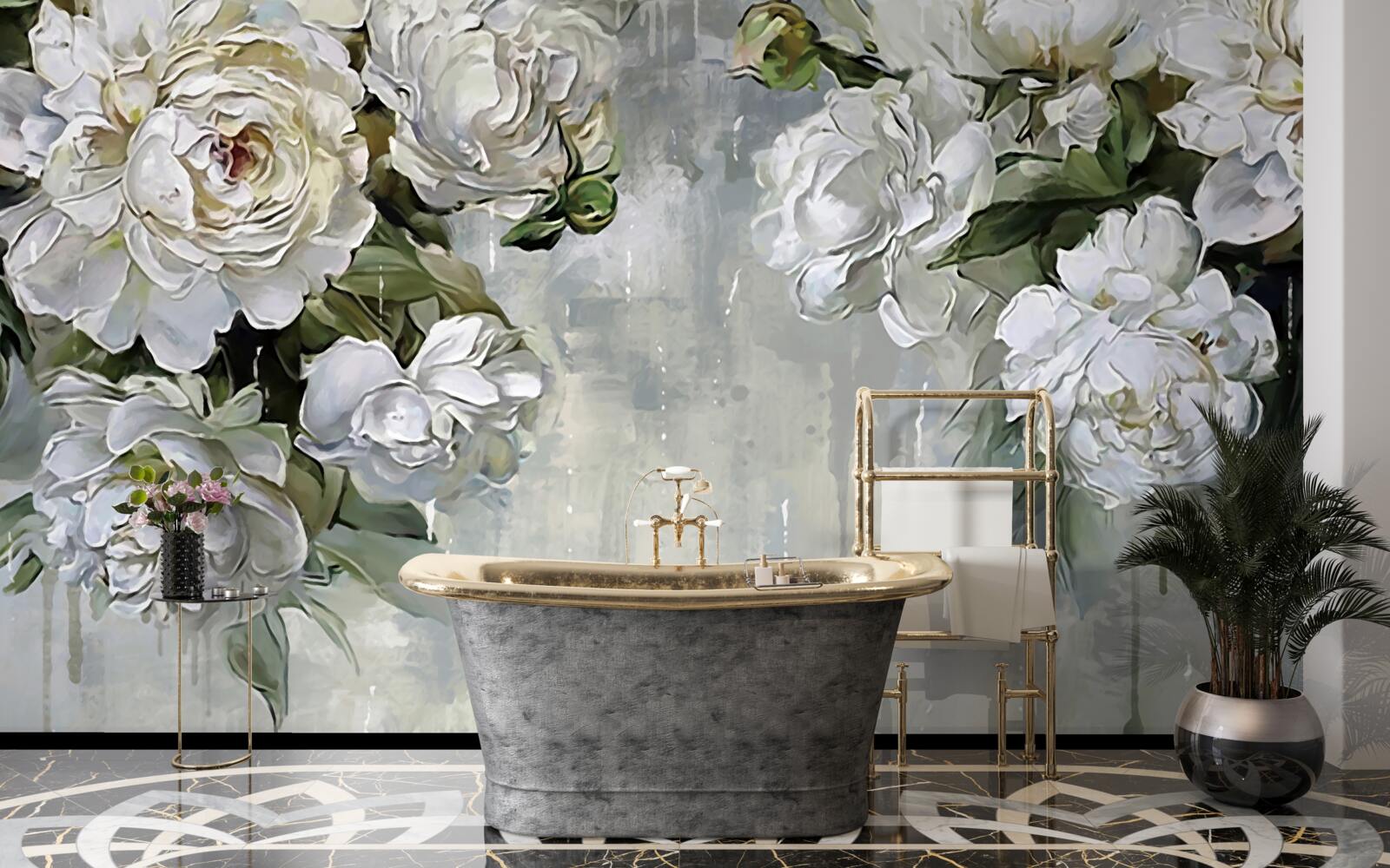 Фотошпалери на бетонній стіні - великі білі квіти