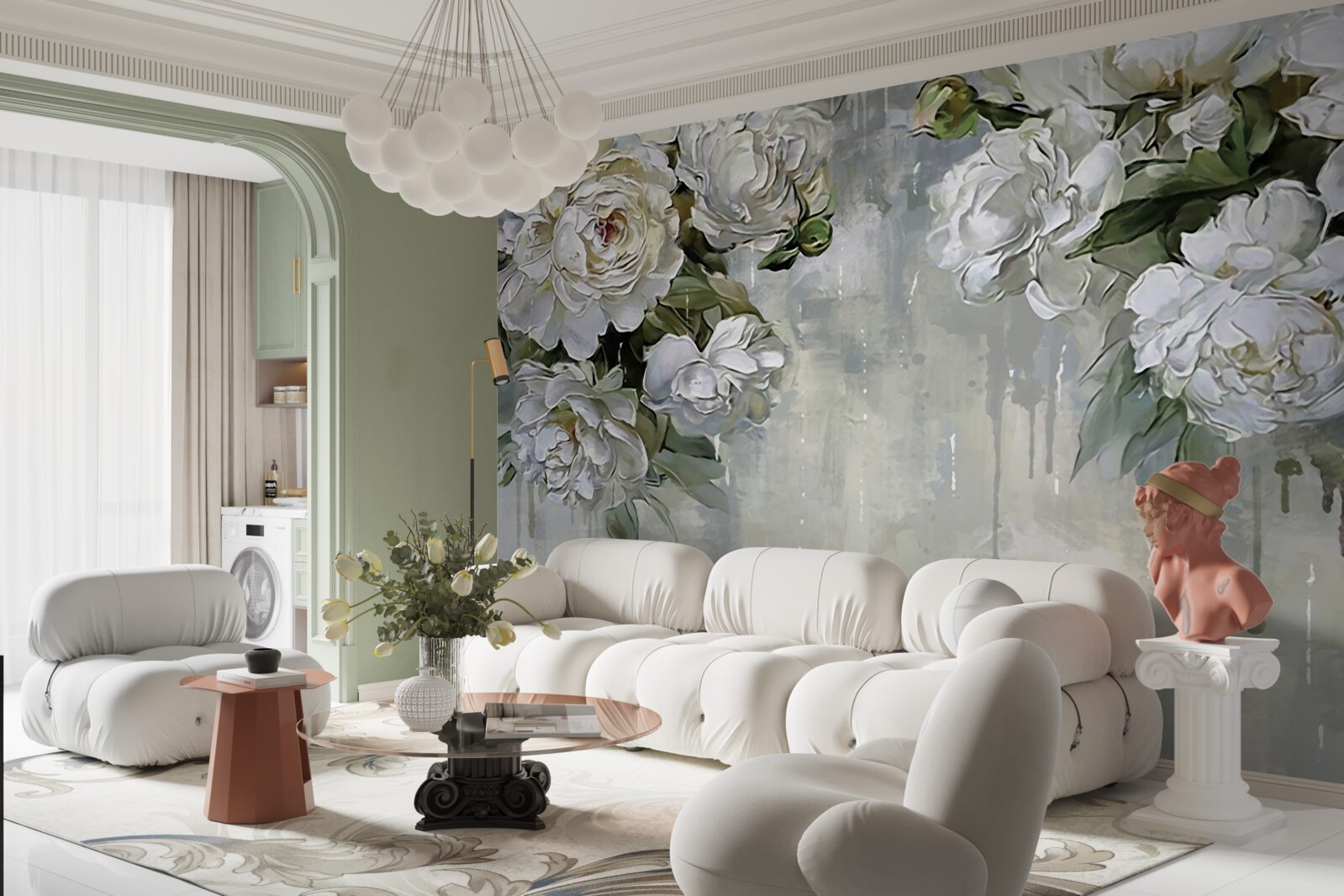 Фотошпалери на бетонній стіні - великі білі квіти