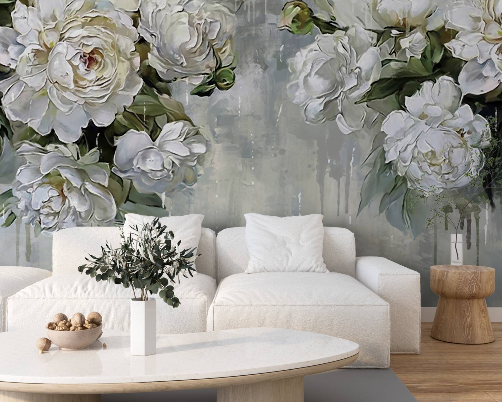 Фотошпалери на бетонній стіні - великі білі квіти