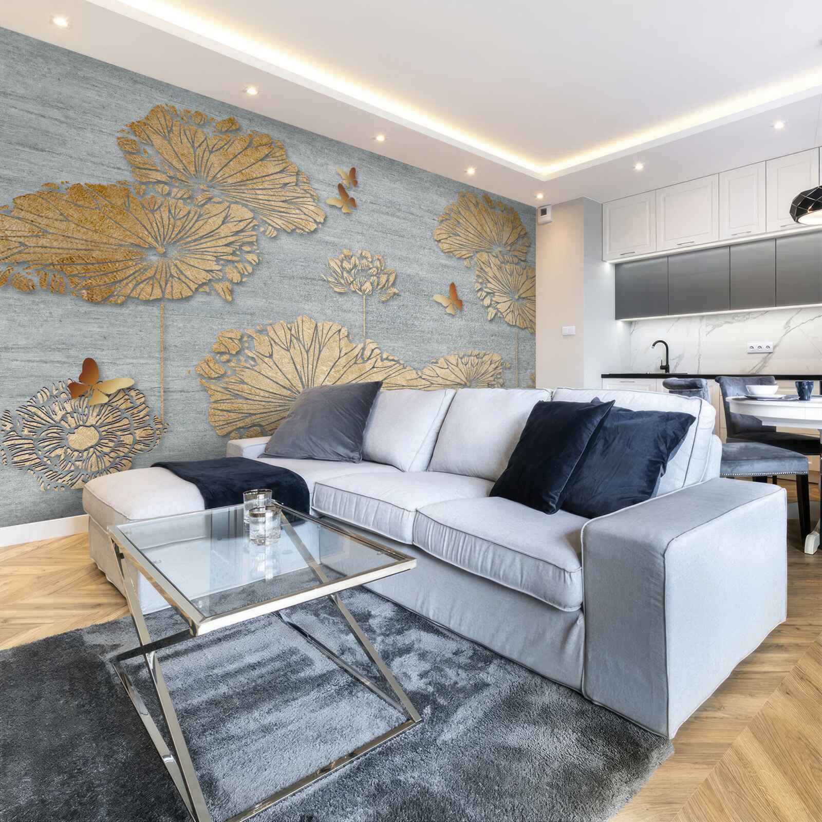 Фотошпалери метелики та золоте листя на поверхні води