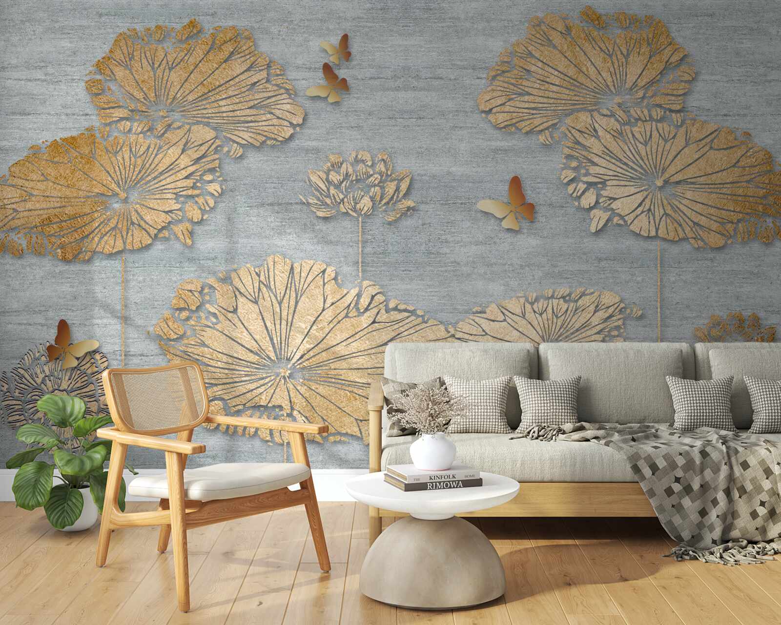 Фотошпалери метелики та золоте листя на поверхні води