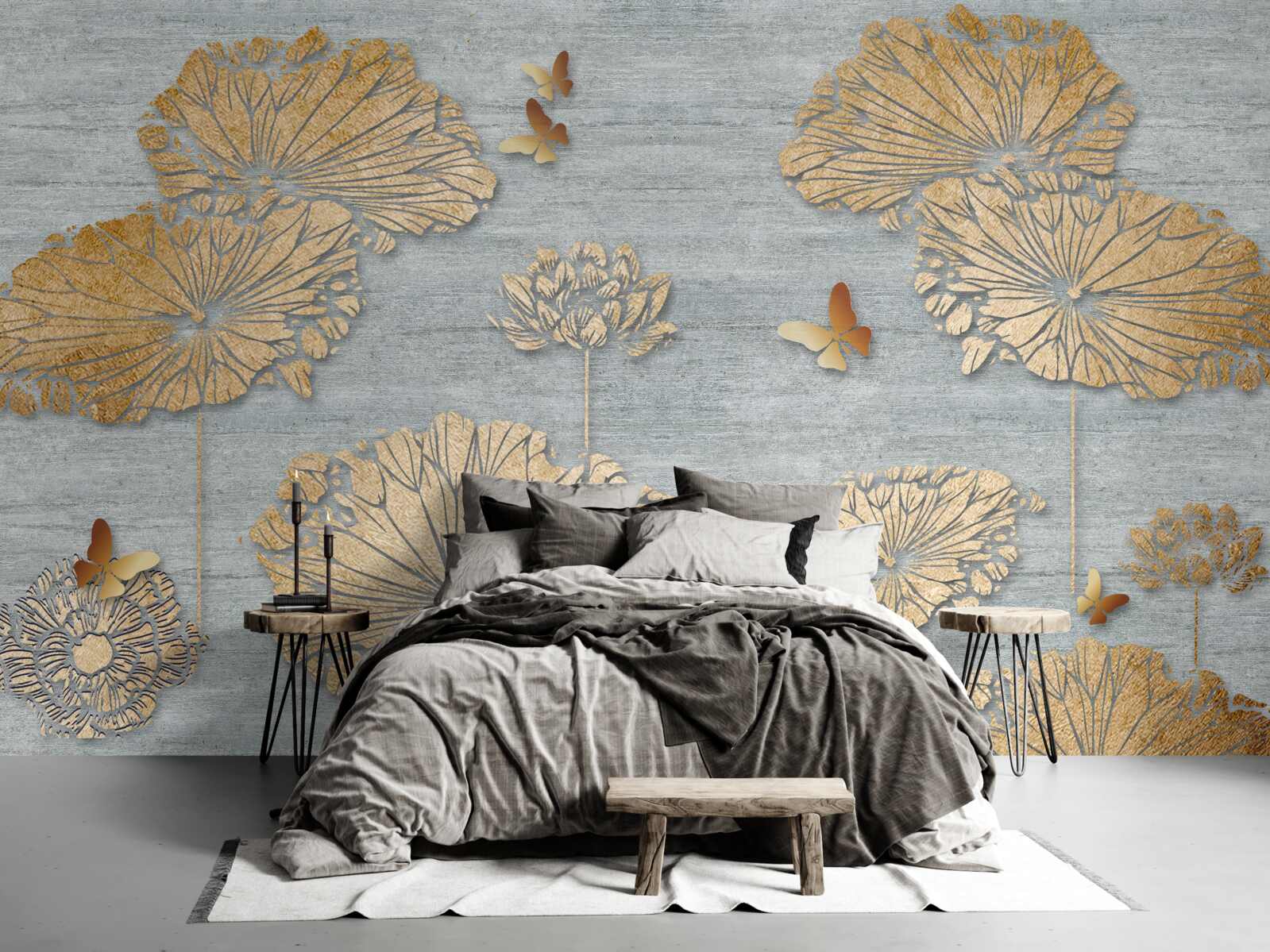 Фотошпалери метелики та золоте листя на поверхні води