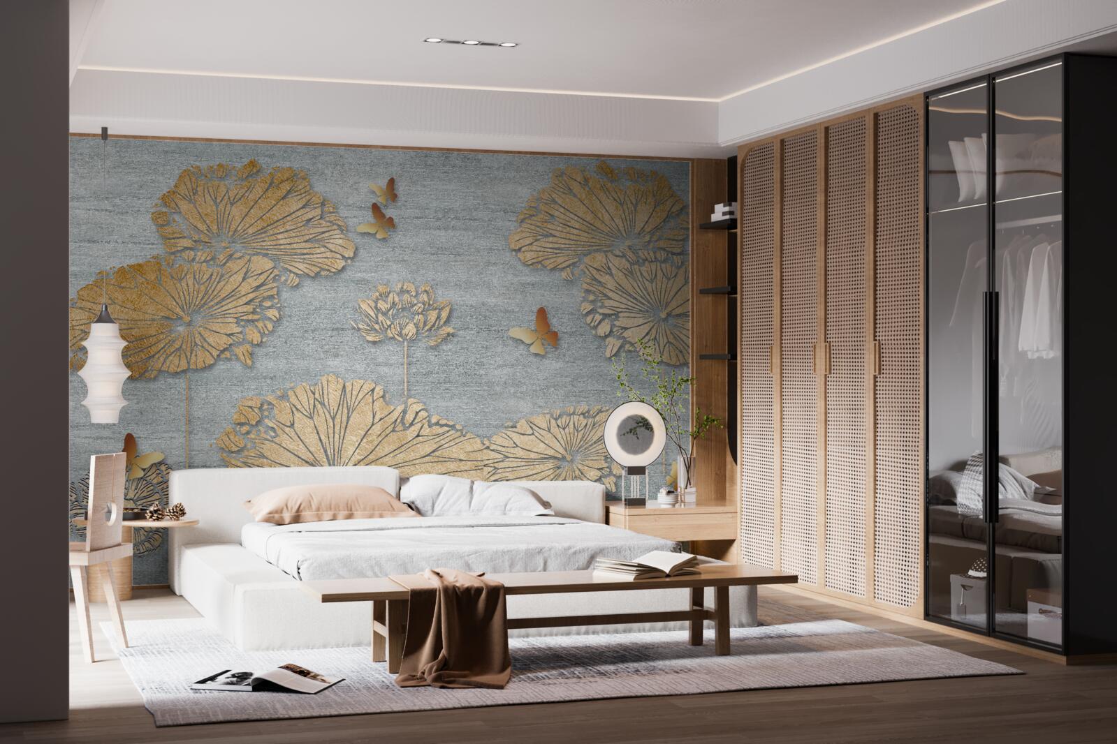 Фотошпалери метелики та золоте листя на поверхні води