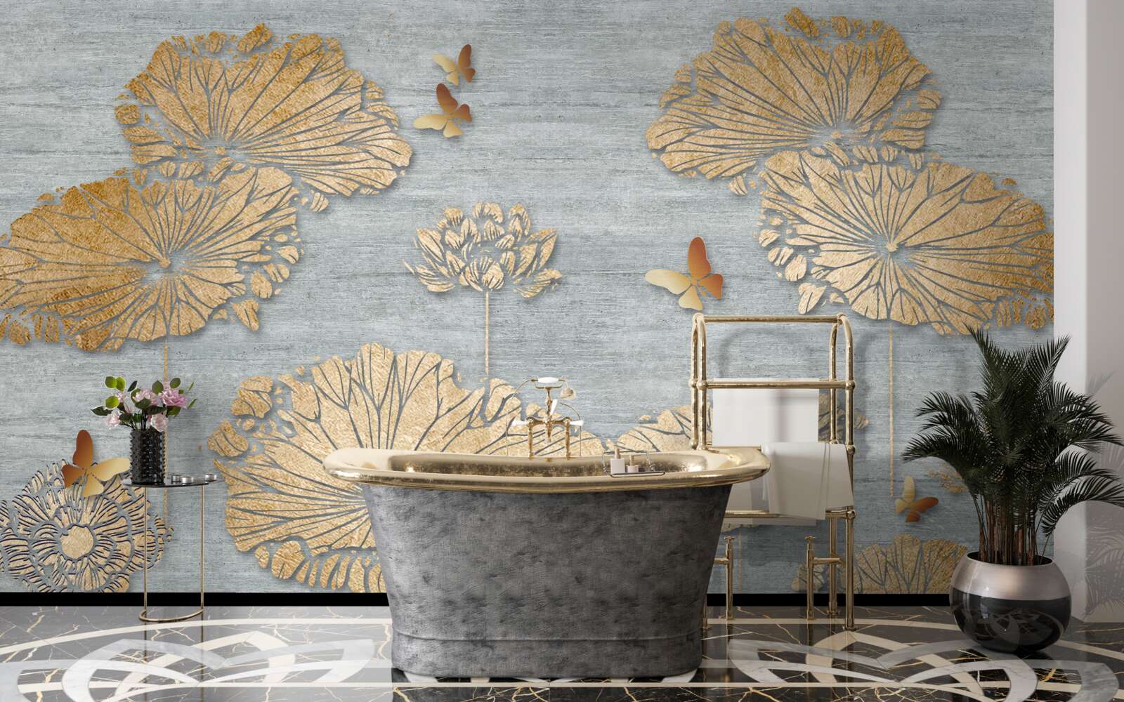 Фотошпалери метелики та золоте листя на поверхні води