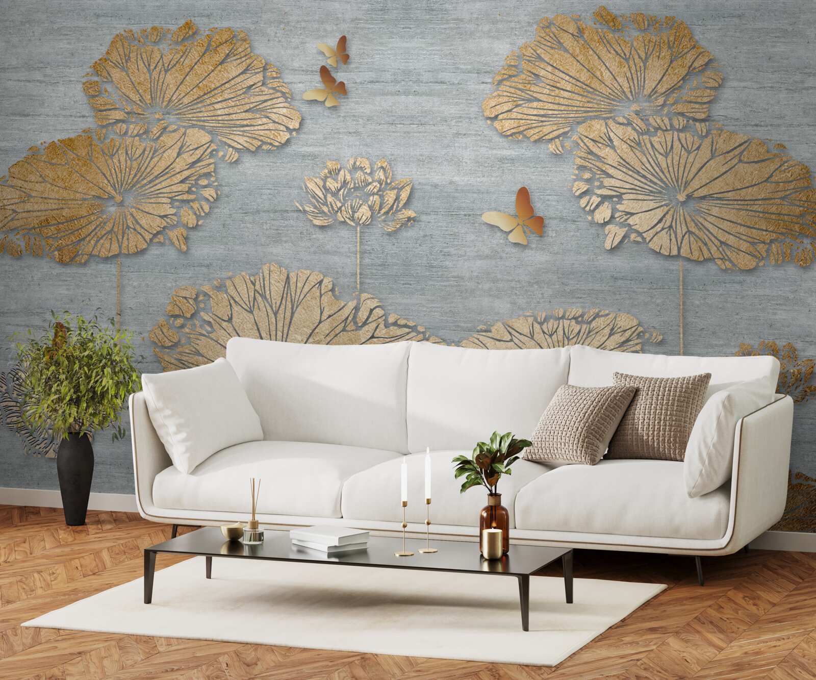 Фотошпалери метелики та золоте листя на поверхні води