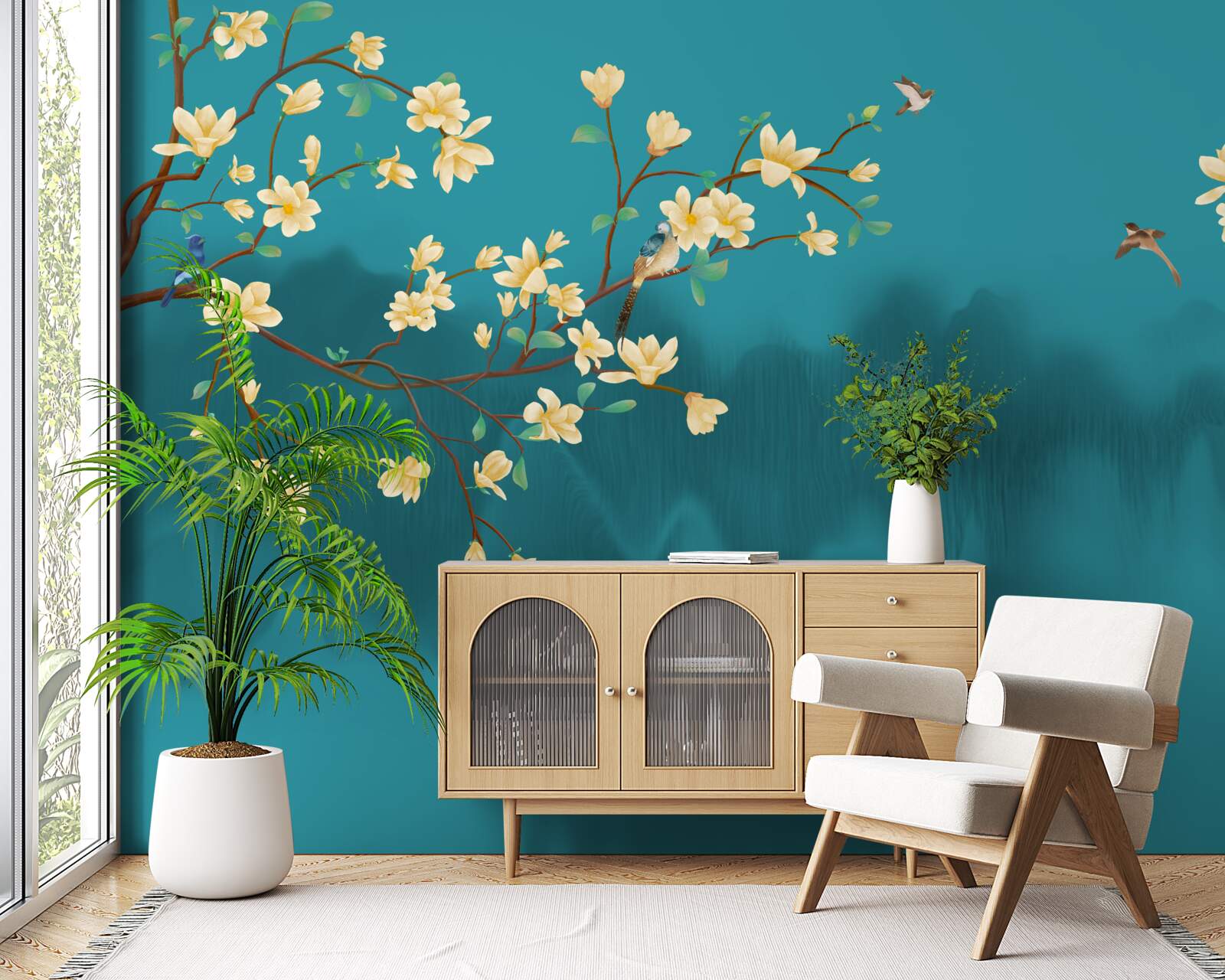 Фотошпалери Жовта магнолія в повному розквіті над містичною туманною водою