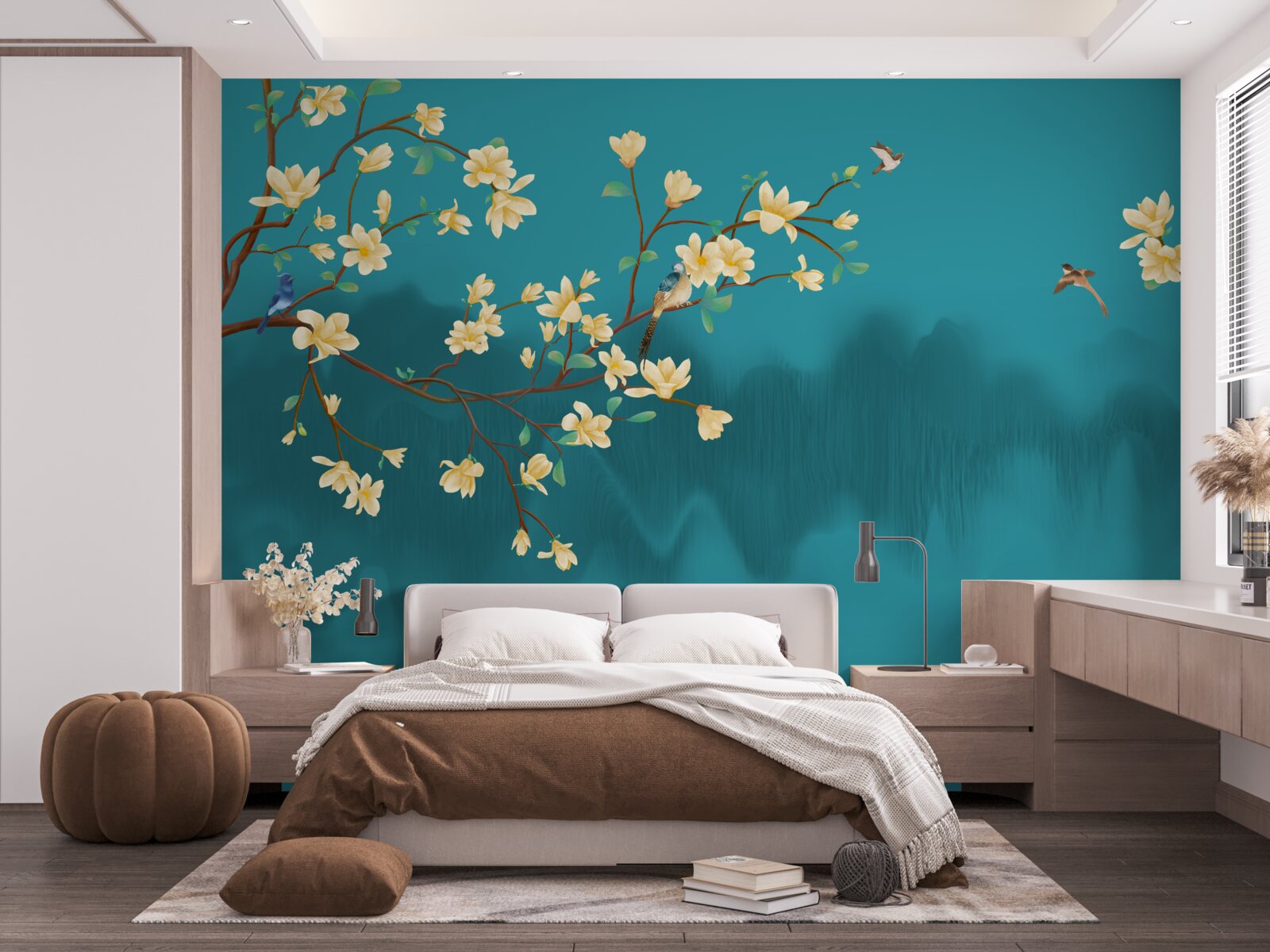 Фотошпалери Жовта магнолія в повному розквіті над містичною туманною водою