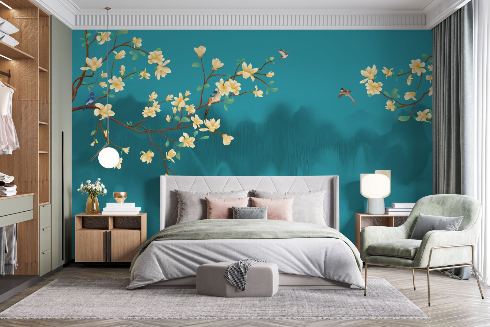 Фотошпалери Жовта магнолія в повному розквіті над містичною туманною водою