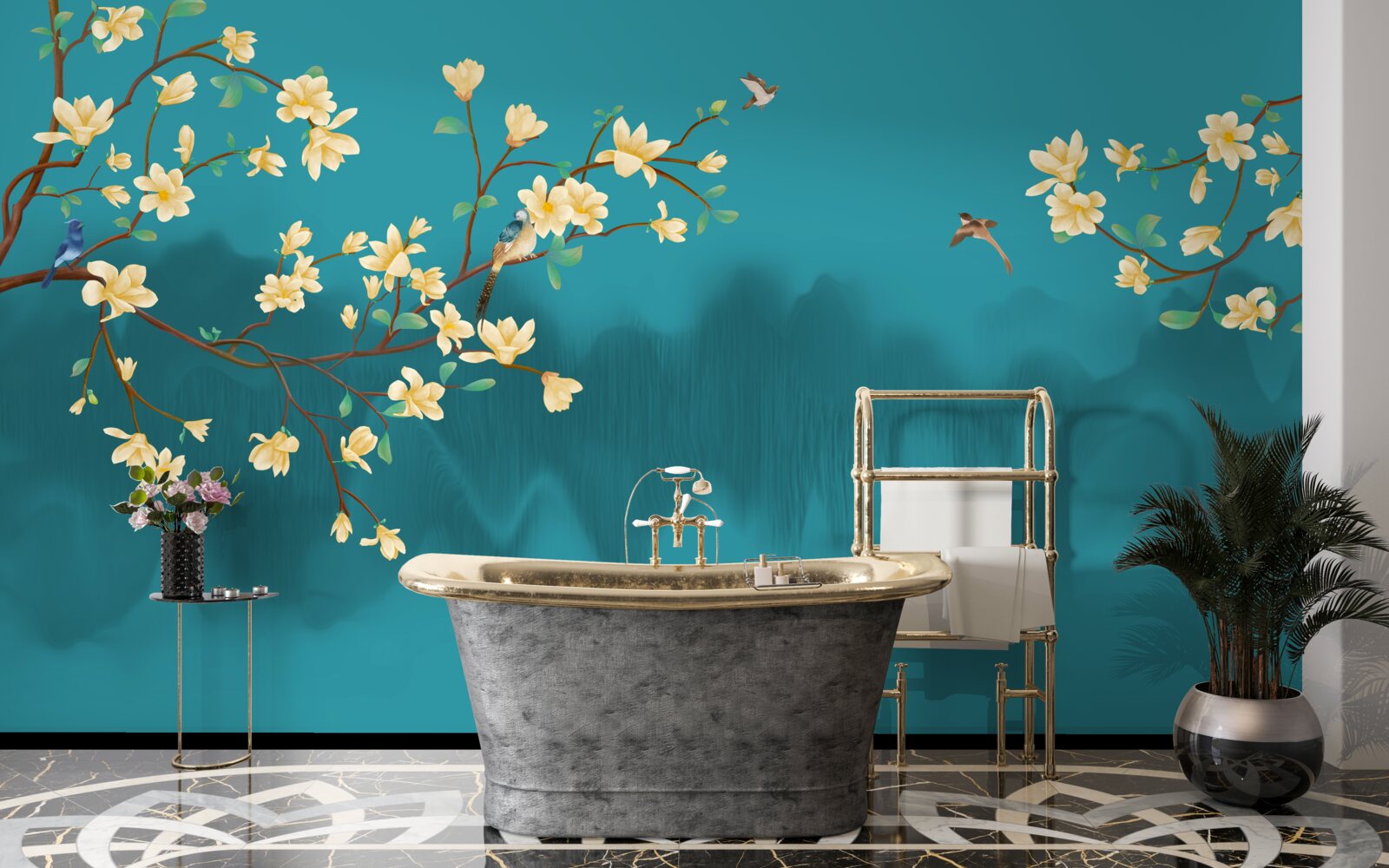 Фотошпалери Жовта магнолія в повному розквіті над містичною туманною водою