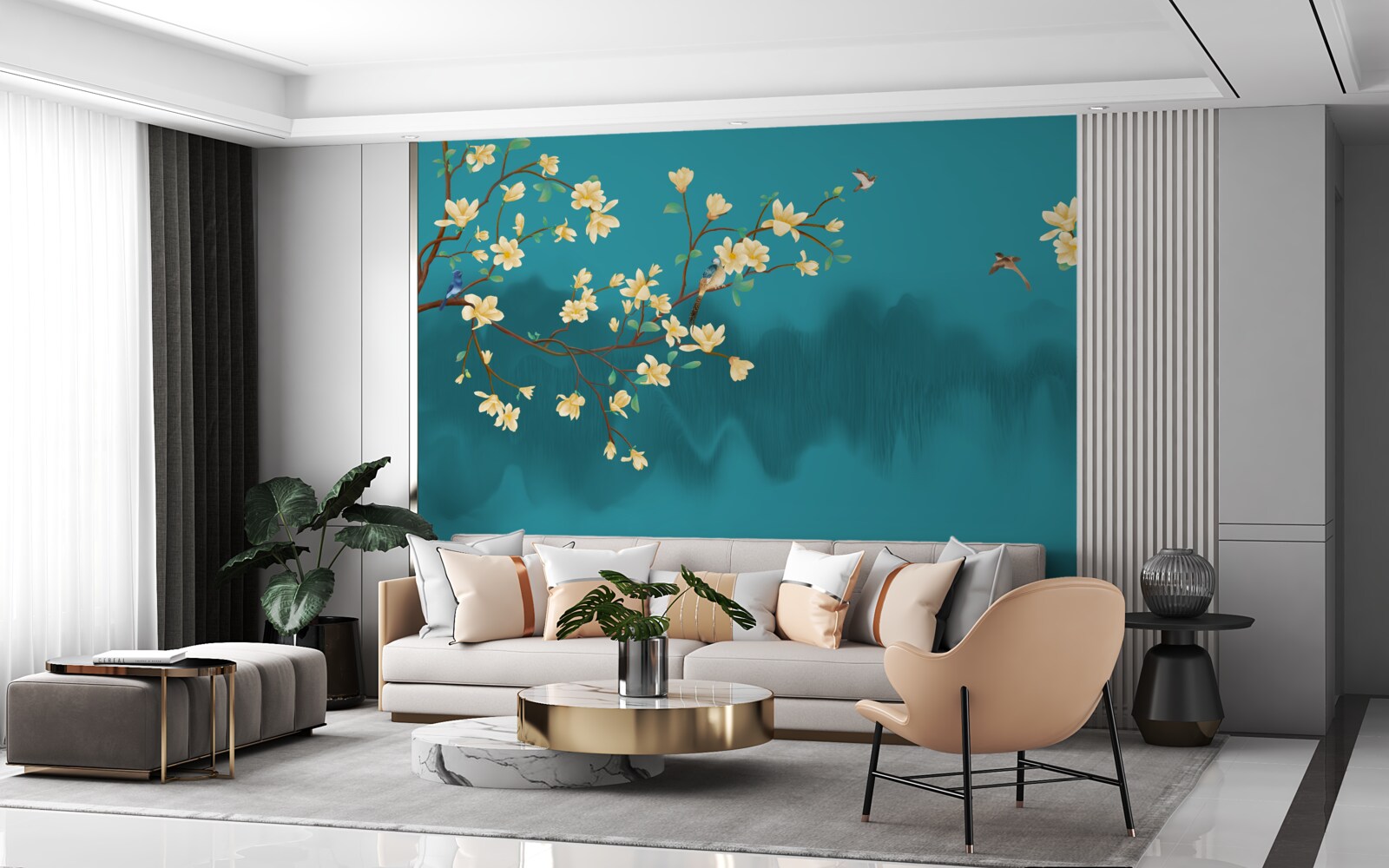 Фотошпалери Жовта магнолія в повному розквіті над містичною туманною водою