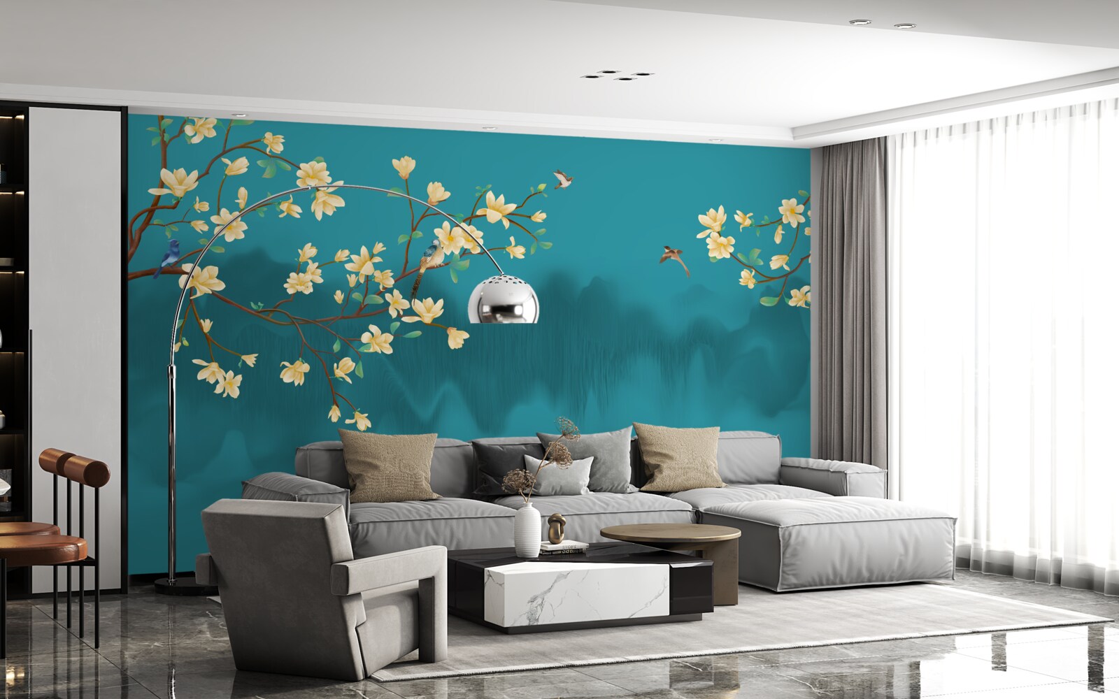 Фотошпалери Жовта магнолія в повному розквіті над містичною туманною водою