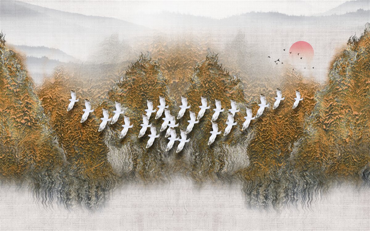Фотошпалери група птахів перетинає небо, ковзаючи над деревами і водою