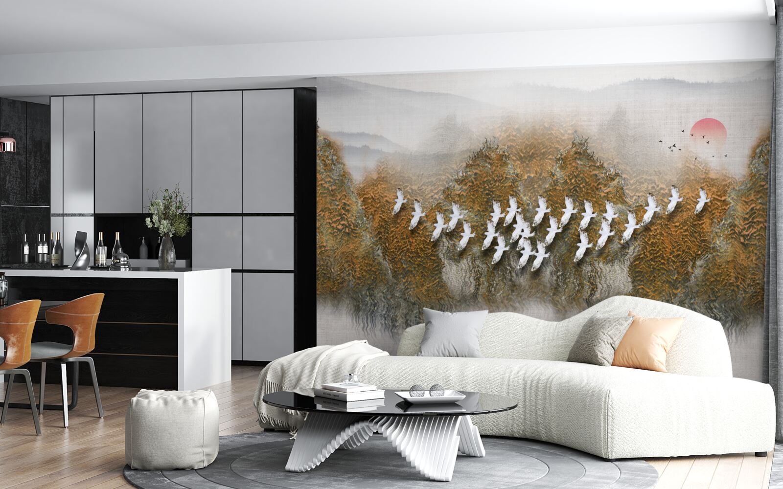 Фотошпалери група птахів перетинає небо, ковзаючи над деревами і водою