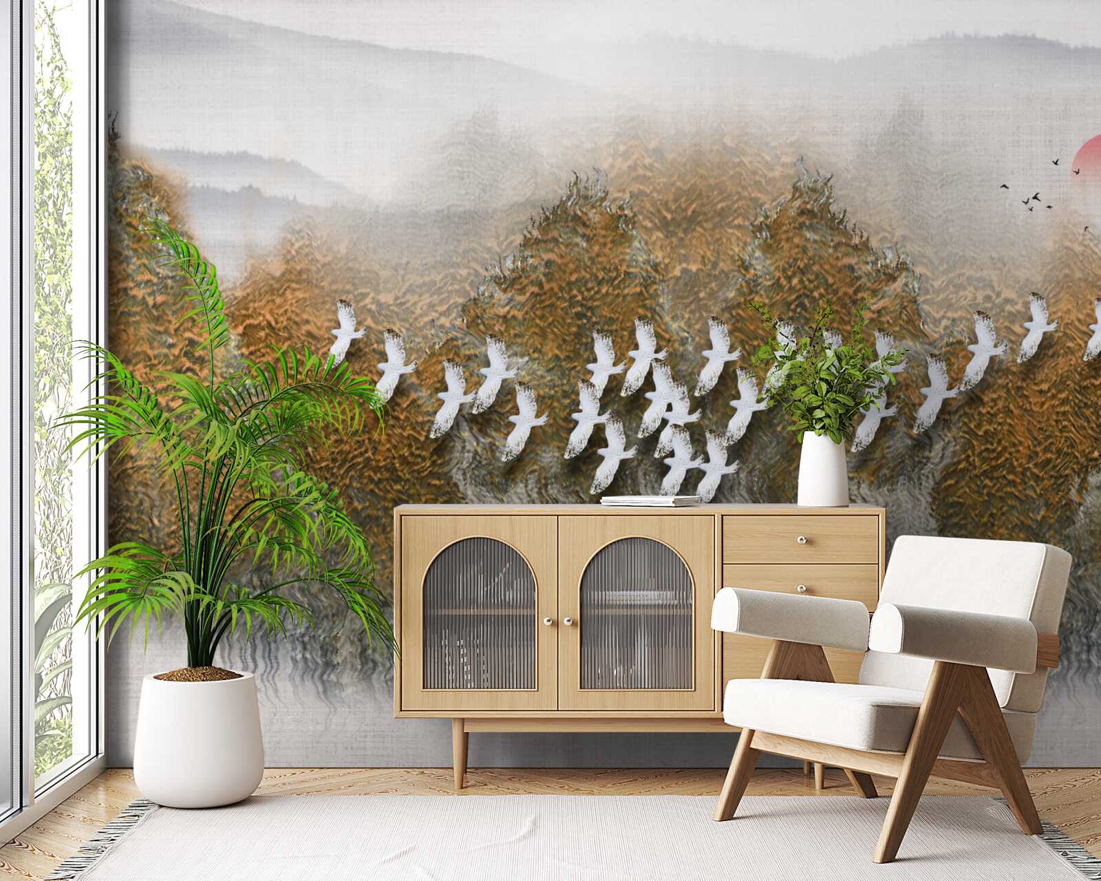 Фотошпалери група птахів перетинає небо, ковзаючи над деревами і водою