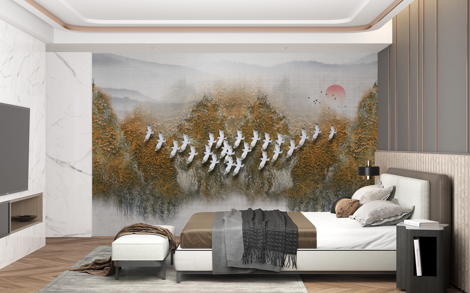 Фотошпалери група птахів перетинає небо, ковзаючи над деревами і водою