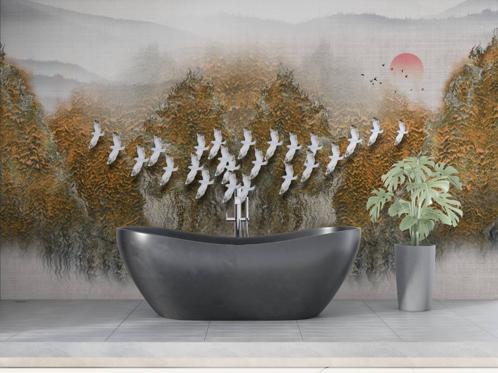 Фотошпалери група птахів перетинає небо, ковзаючи над деревами і водою