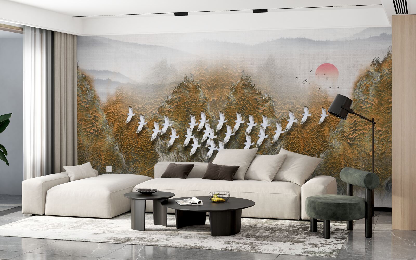 Фотошпалери група птахів перетинає небо, ковзаючи над деревами і водою