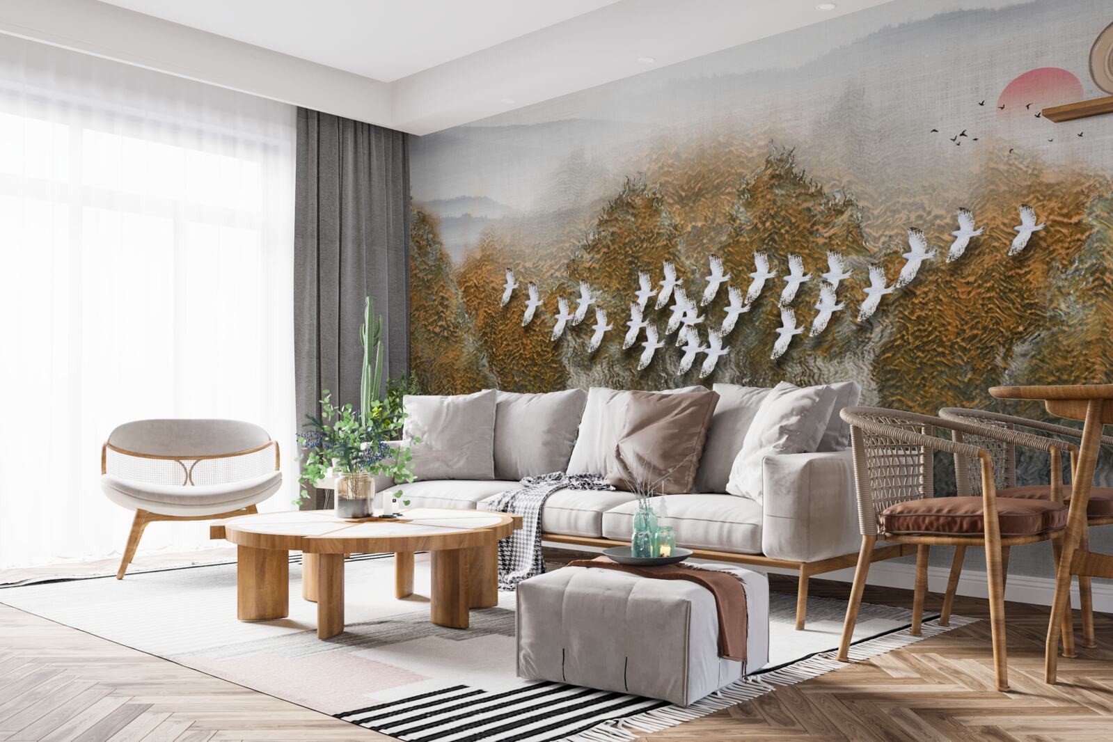 Фотошпалери група птахів перетинає небо, ковзаючи над деревами і водою