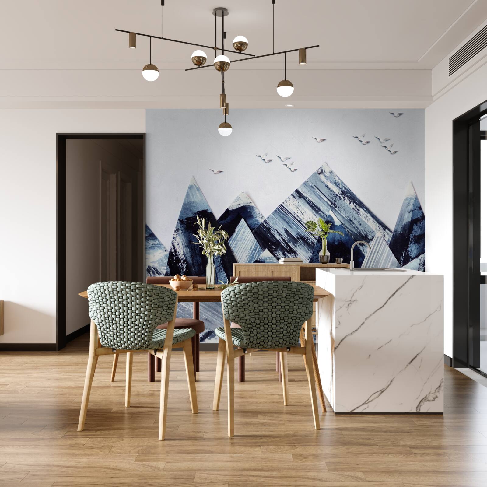 Фотошпалери гірська вершина під крилами птахів