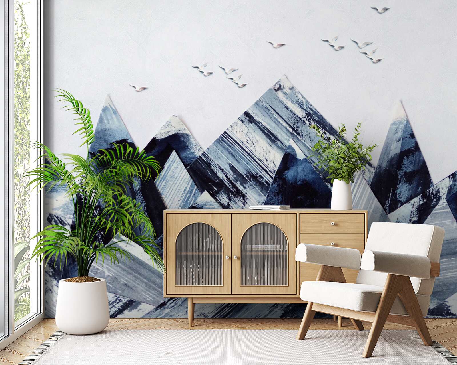 Фотошпалери гірська вершина під крилами птахів