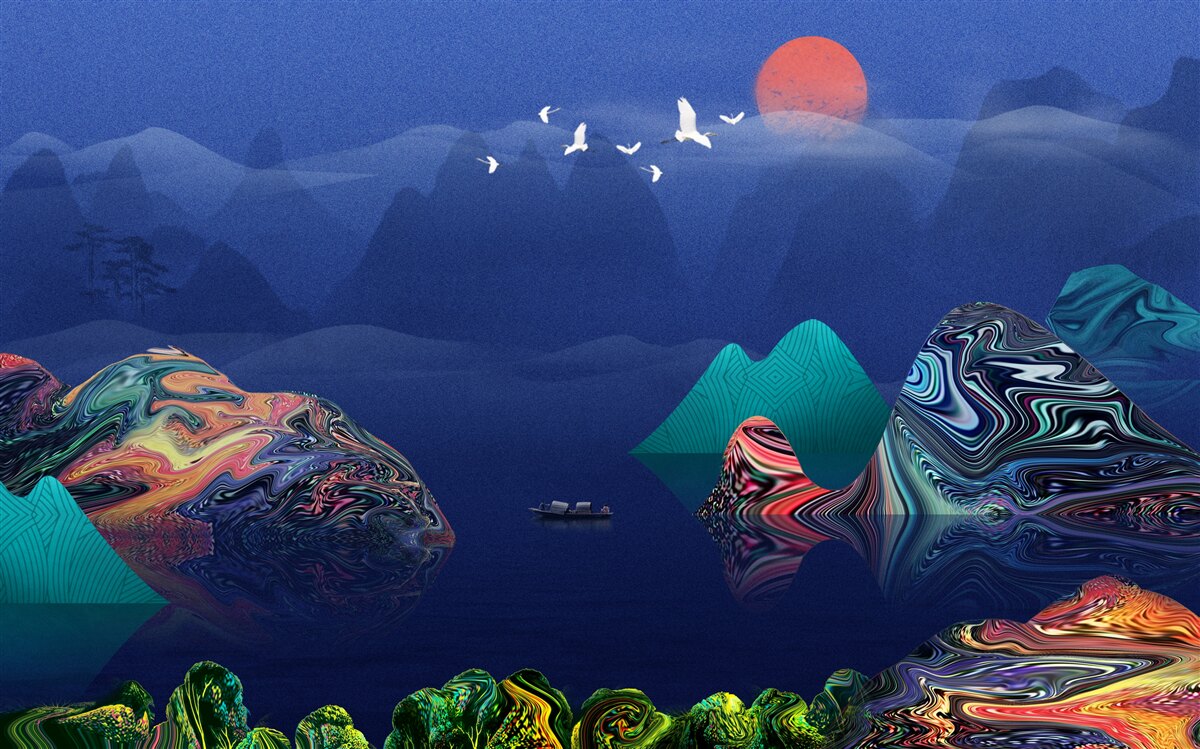 Фотошпалери Журавлі летять на заході сонця над гірською річкою