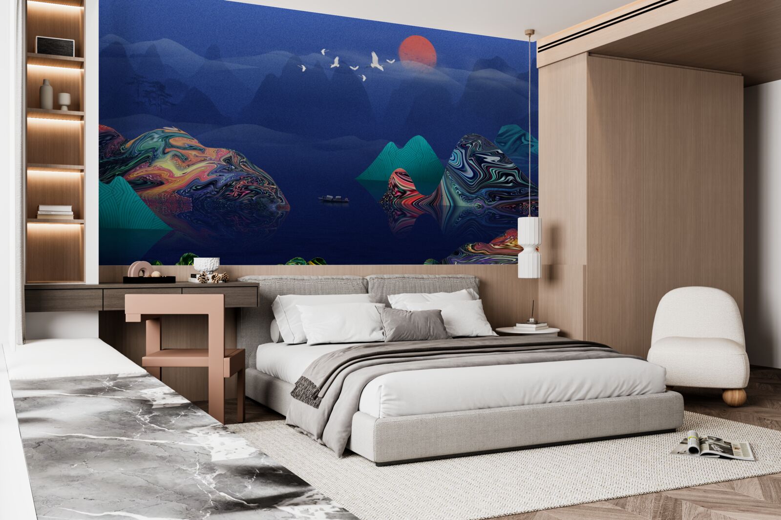 Фотошпалери Журавлі летять на заході сонця над гірською річкою