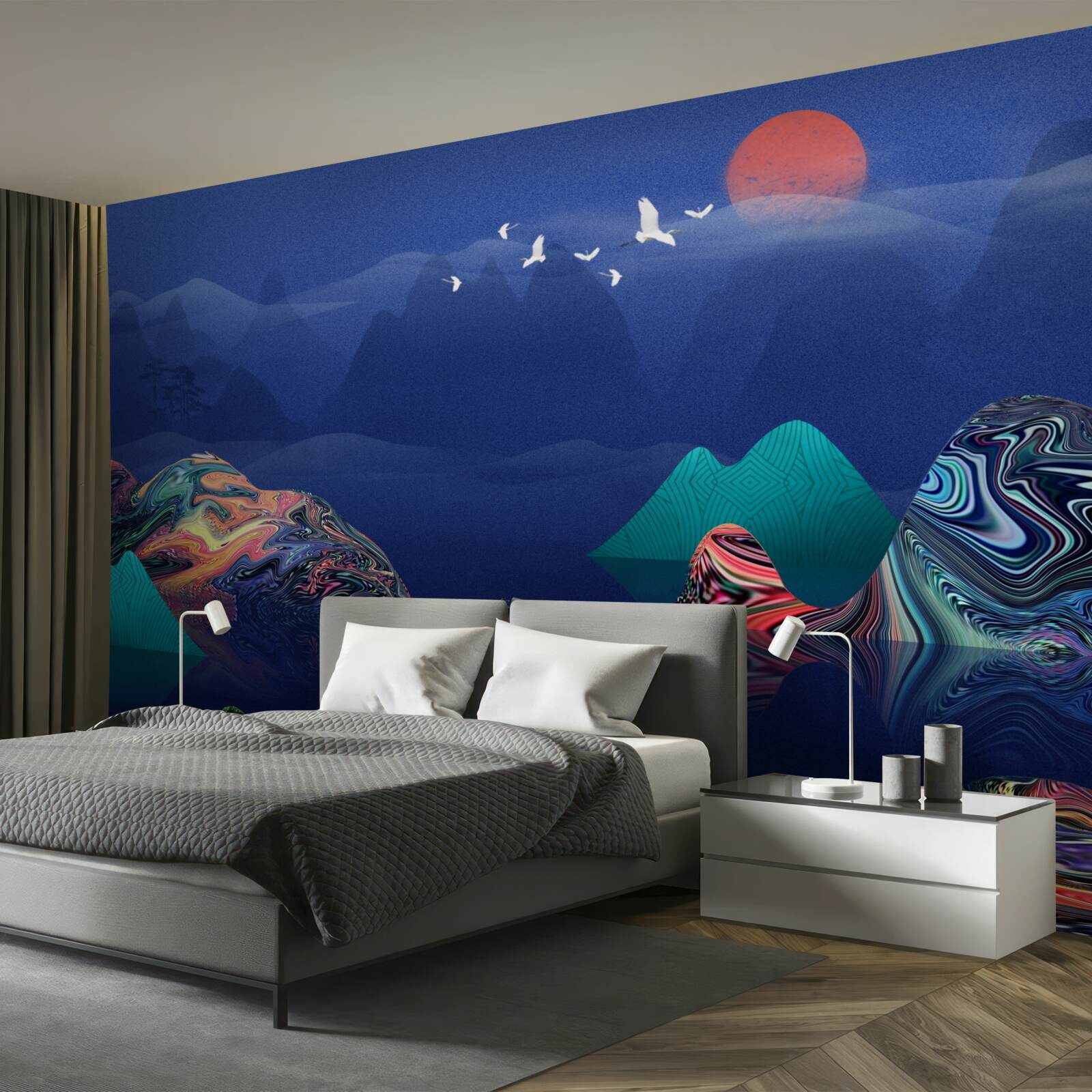 Фотошпалери Журавлі летять на заході сонця над гірською річкою