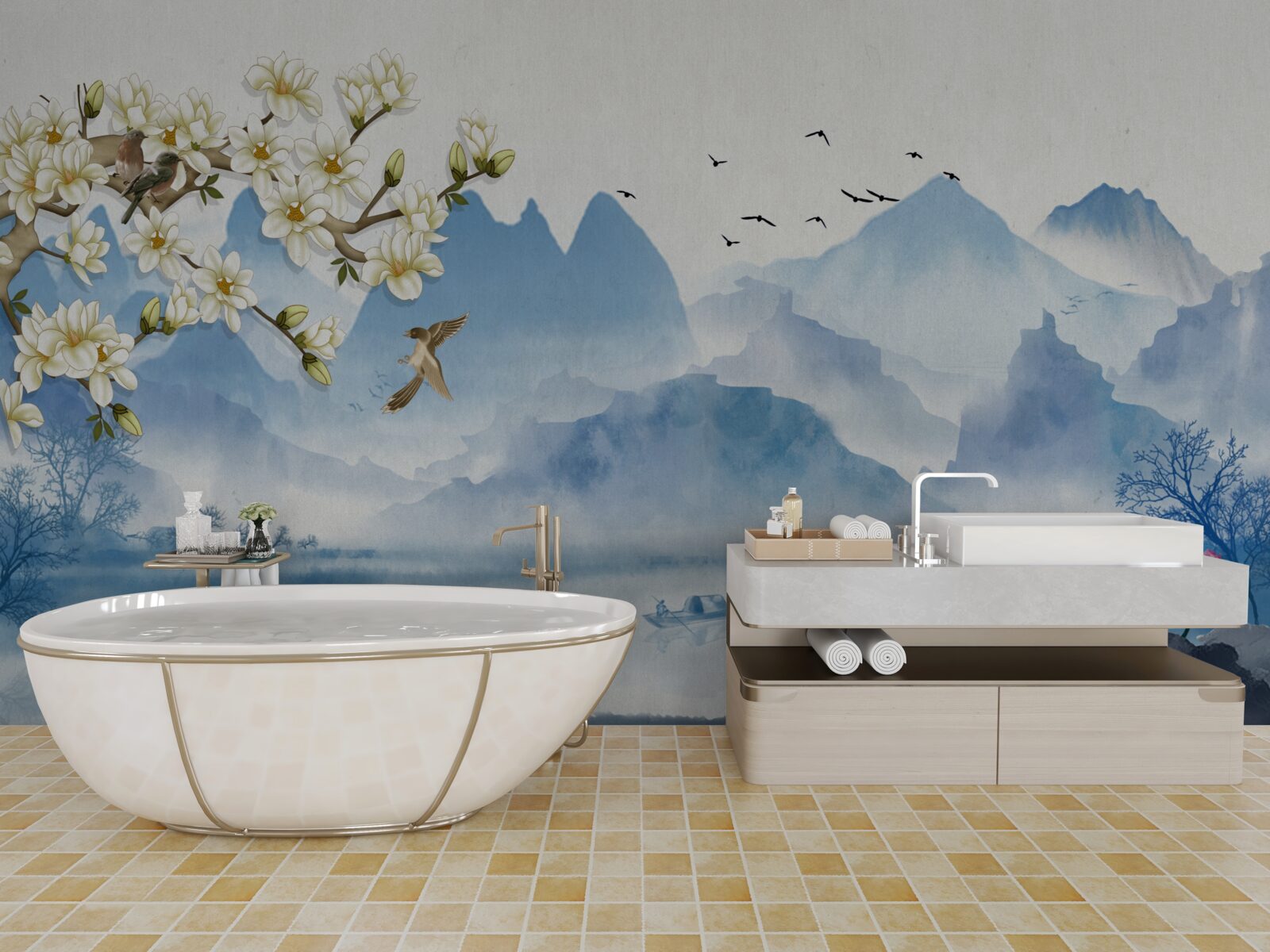 Фотошпалери акварелі із зображенням гірських озер у Китаї