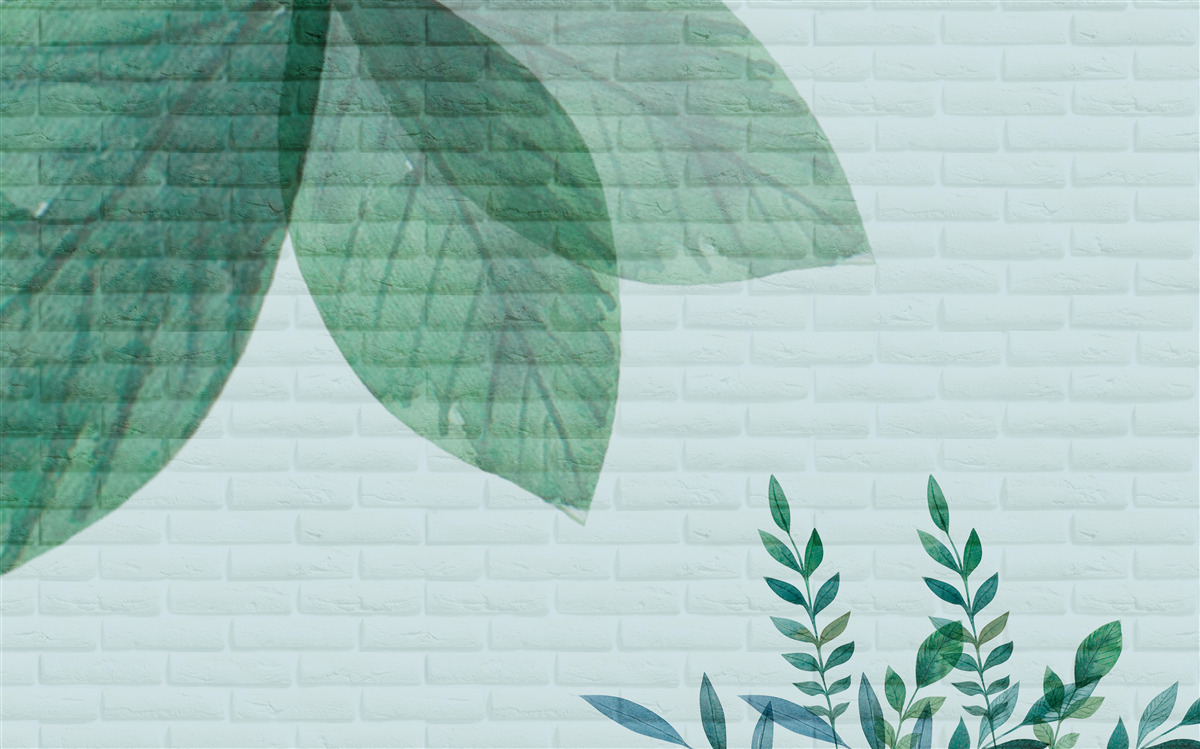 Фотошпалери акварельне зелене листя на цегляній стіні