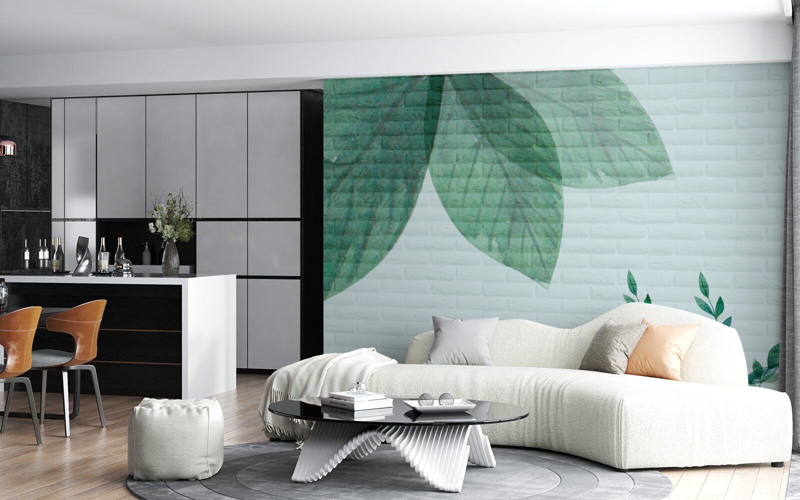 Фотошпалери акварельне зелене листя на цегляній стіні