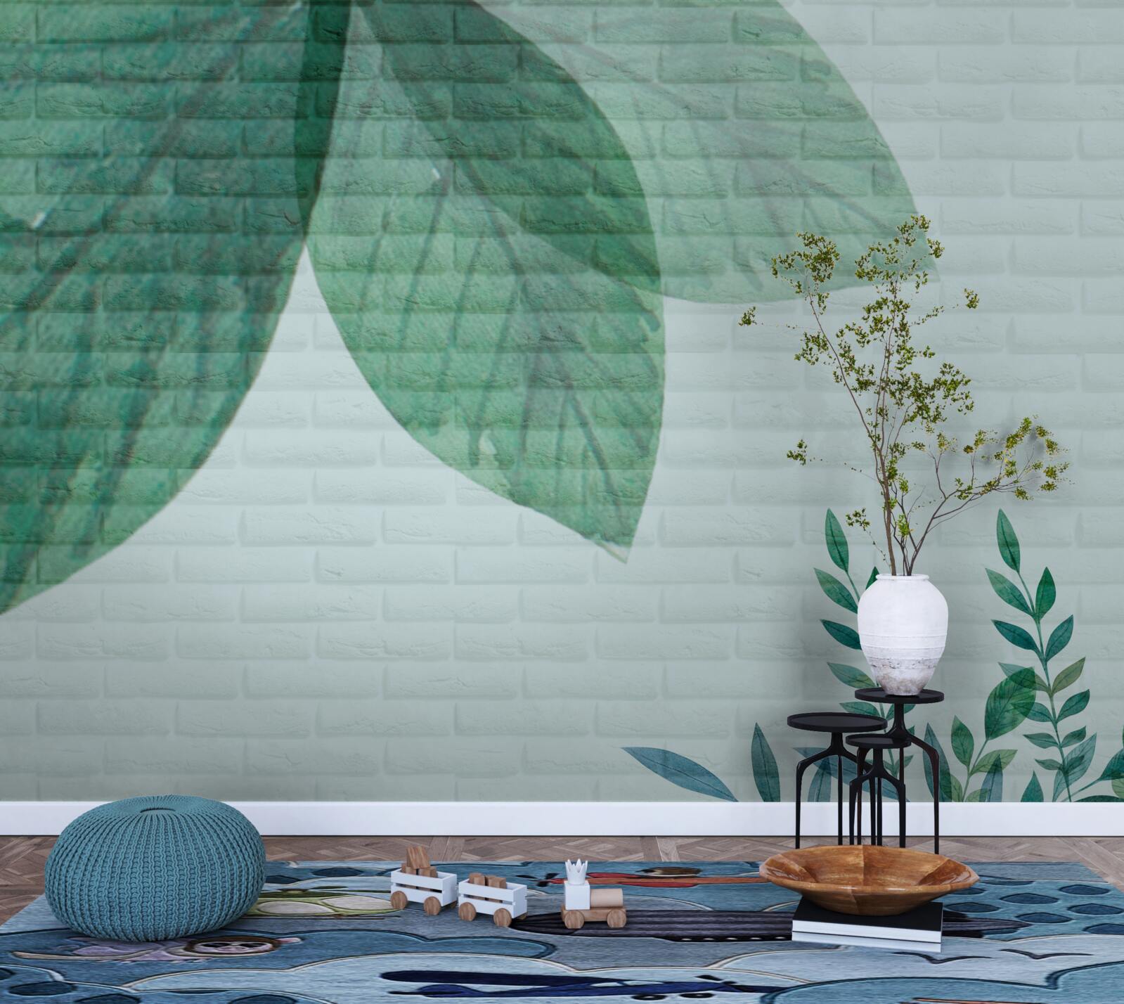 Фотошпалери акварельне зелене листя на цегляній стіні