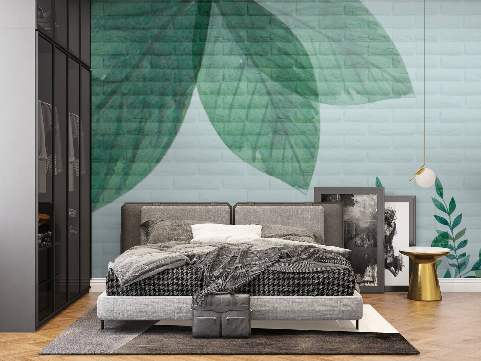 Фотошпалери акварельне зелене листя на цегляній стіні